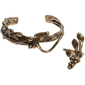 Bronze Cuff Bracelet Ring Set Vintage Brutalist Artisan Leaf Vine Floral Artsy